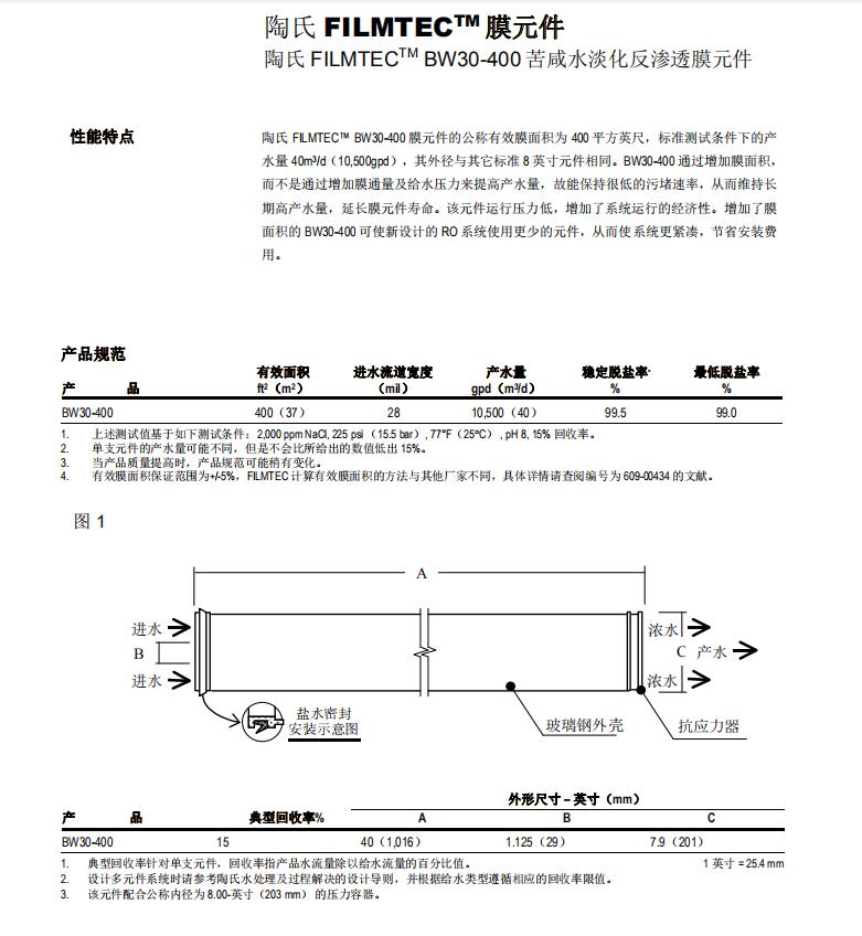 陶氏反滲透膜BW30-400IG 美國(guó)進(jìn)口RO膜